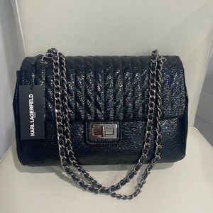 Karl Lagerfeld Black Shiny "Skins" & Silver Metal Hardware Shoulder Bag